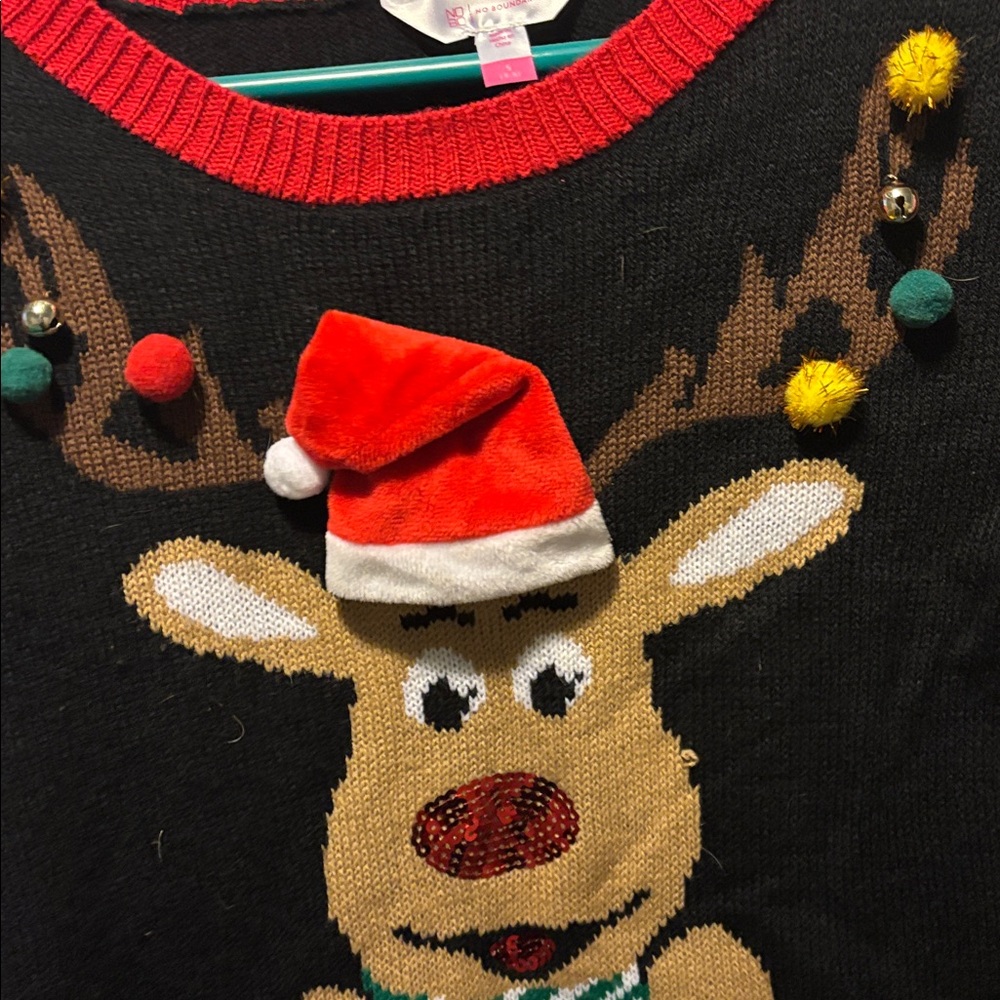 No Boundaries Holiday Reindeer Sweater - Red, Green, Black - Picture 3 of 3